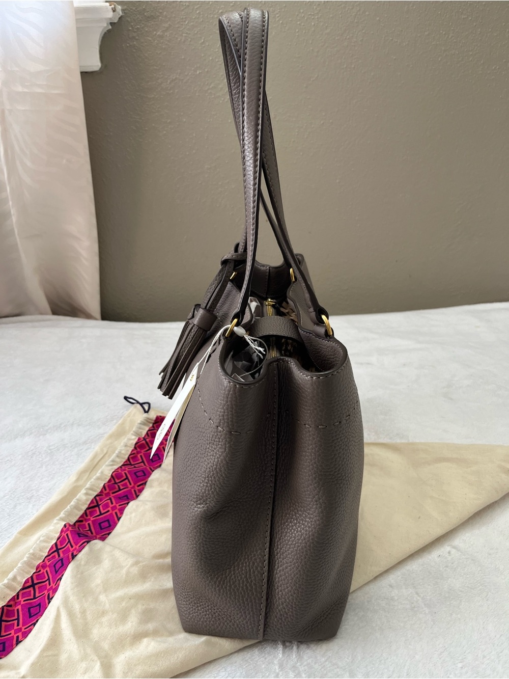 Tory Burch McGraw Triple Compartment Leather Tote Bag Silver Maple NWT 54298 - Picture 5 of 17